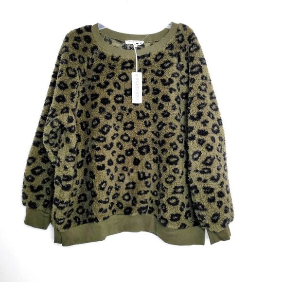Workshop Republic Tops - Workshop Republic Clothing Top Leopard Green Sherpa Sweatshirt Women SIze 2X